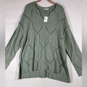 CATO‎ COTTON BLEND CHUNKY SWEATER WOMEN 22-24 SAGE GREEN W/HI-LO HEM COZY COSTAL